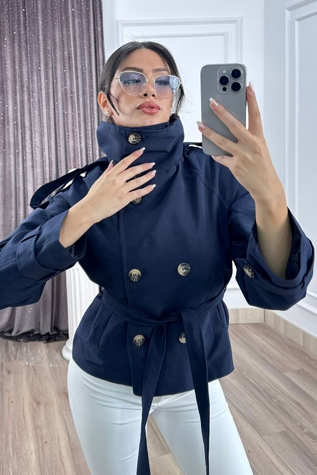 Women's Winter Navy Blue Stand Collar Raglan Sleeve Short Trench Coat 8646