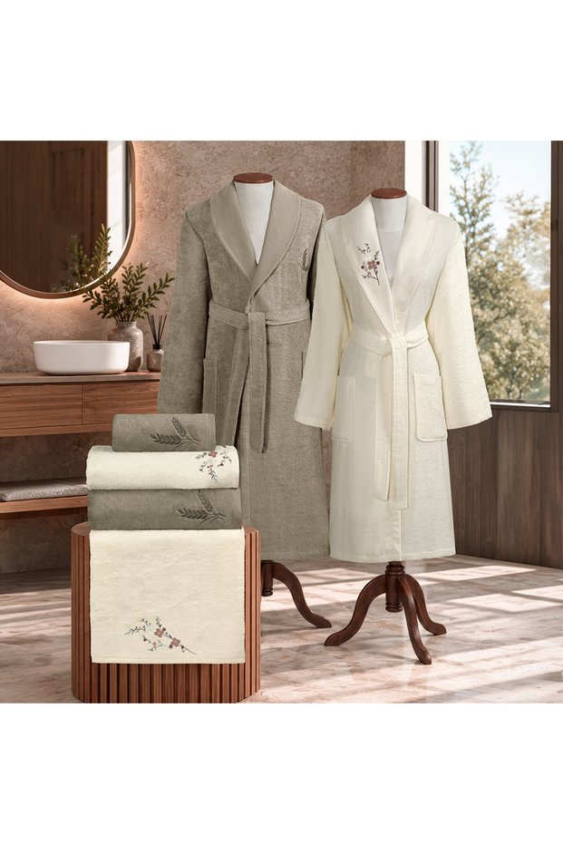 Julia Bamboo Embroidered Family Bathrobe Set Ecru/Beige M-L/L-Xl (6 Pieces)