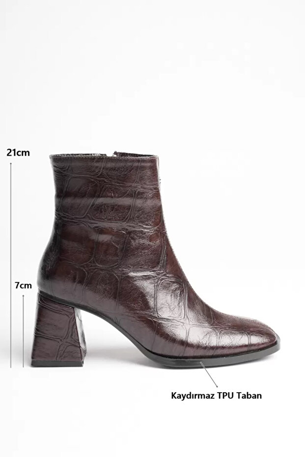 Zrt08Mk03 Premium Women's Crocodile Bitter Brown Winter 7 cm Thick Heeled Boots