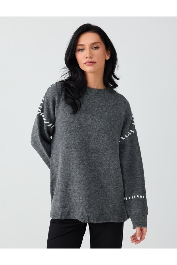 Anthracite Stitching Detailed Round Neck Relaxed Fit Knitwear Sweater
