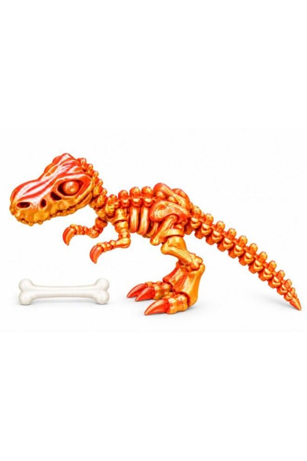3D Printed Articulated Dinosaur Skeleton Fidget Toy with Movable Joints & Bone Accessory – Orange & Gold
