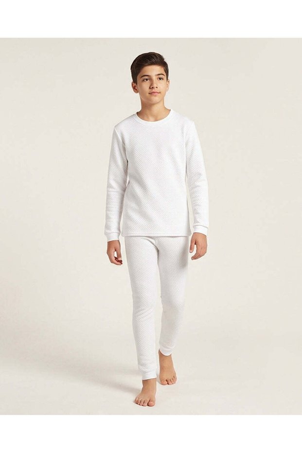 Senior Boys White Quilted Thermal Set, 2 Pieces