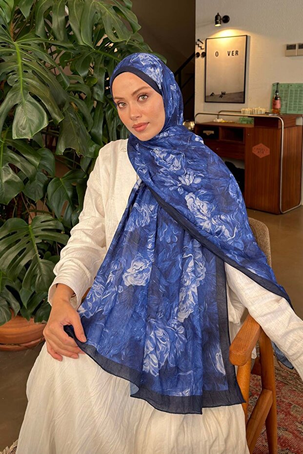 Vintage Flower Pattern Bamboo Shawl Midnight Blue
