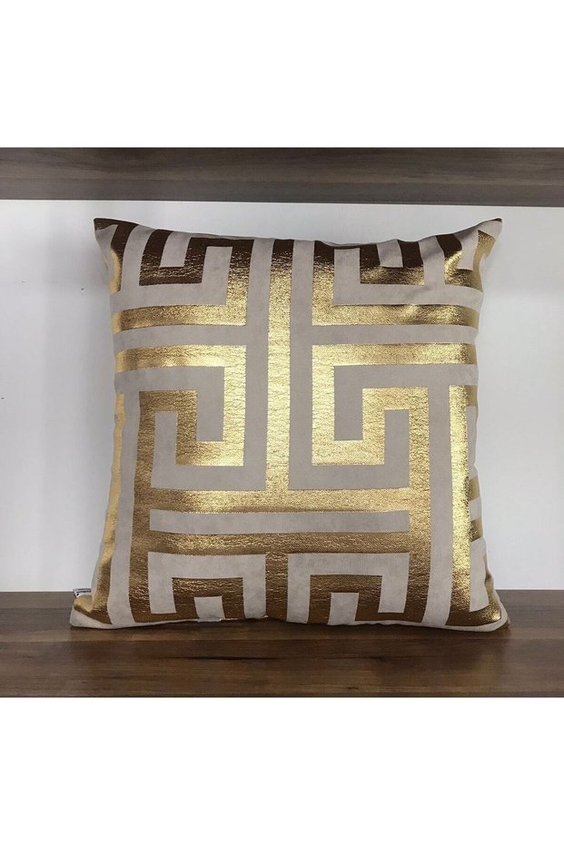 Beige Floor Maze Gold Foil Throw Pillow Cover