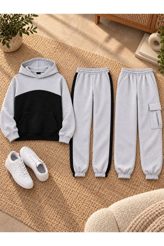 Busekids Unisex Garnili Hooded Set + Cargo Pocket Sweatpants 3 Pieces