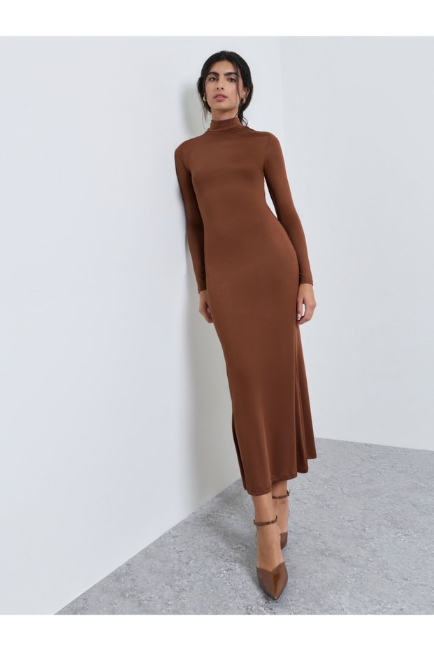 Brown Long Sleeve Mermaid Maxi Evening Dress