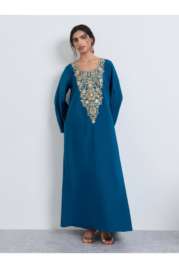 Navy Blue Thread Embroidery Jalabiya with Batwing Sleeve