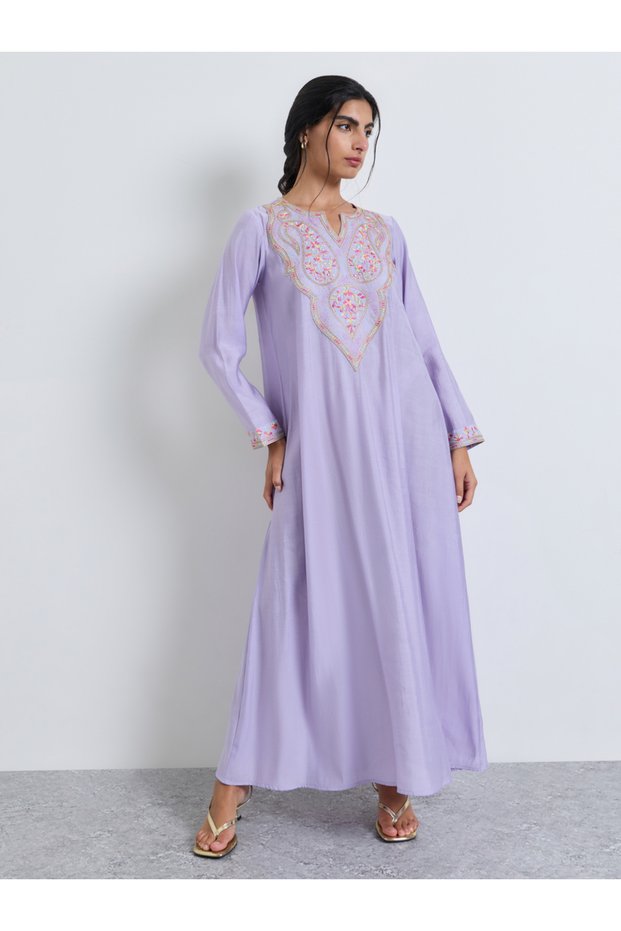 Lilac Thread Embroidery Notch Neck Jalabiya