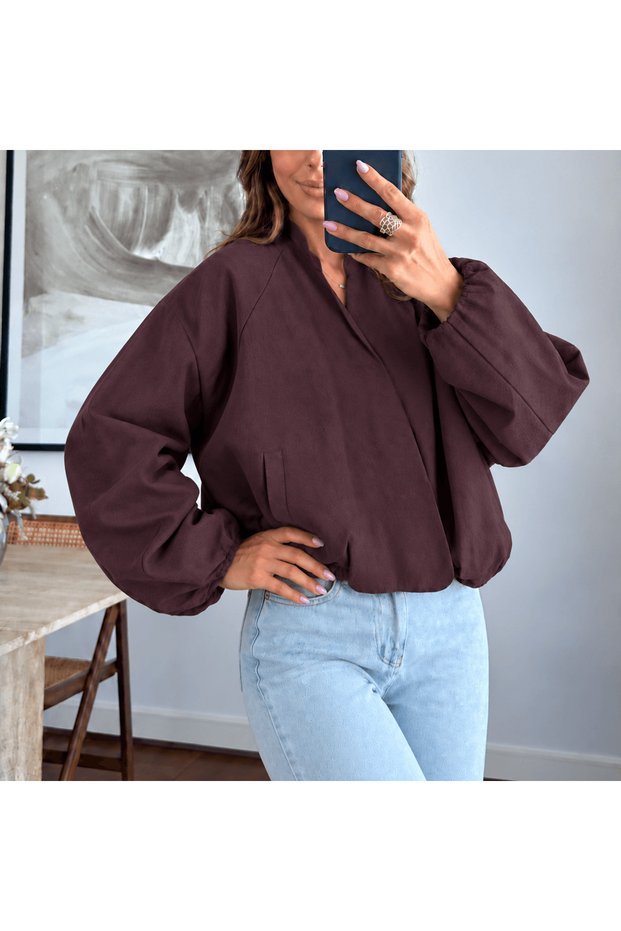 Double-Breasted Collar Balloon Sleeve Bomber Jacket - 20151 - Plum