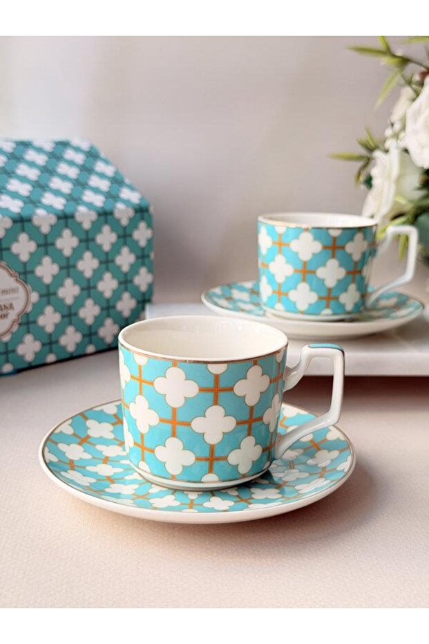 Porcelain Turkish Coffee Cup Set for 2 People 4 Pieces Angel Mint