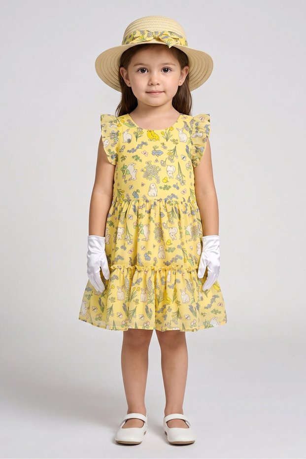 Toddlers Girl 3 Pcs Allover Print Dress And Hat With Gloves, Multicolor