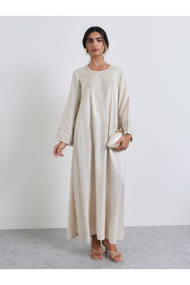 Beige Thread Embroidery Round Neck Jalabiya