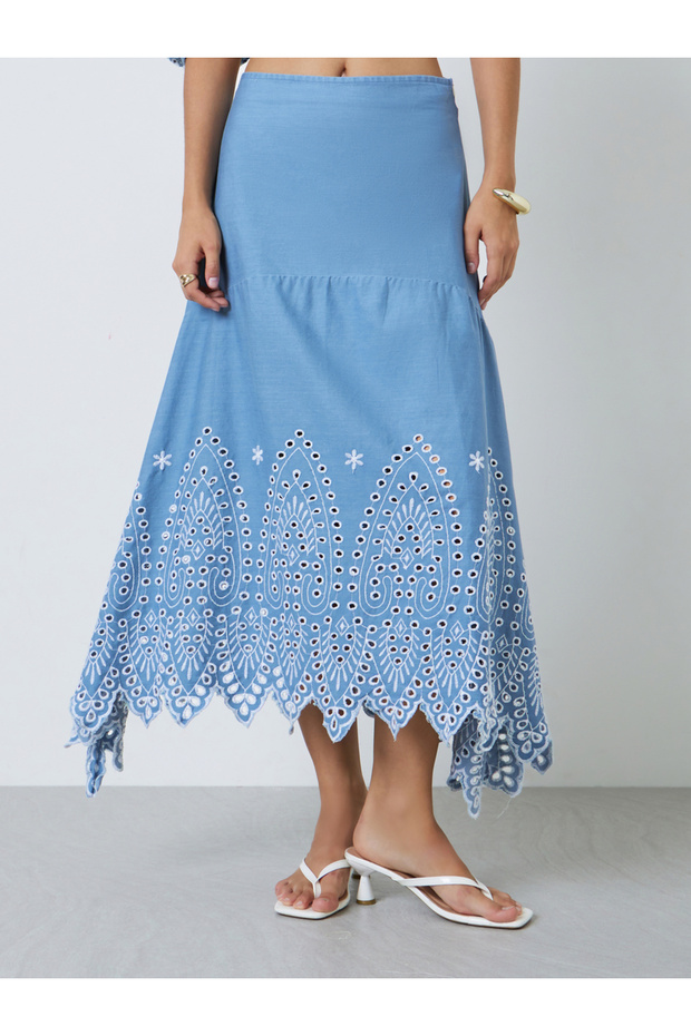 Blue Chambray Denim Midi Skirt with Schiffli Detail