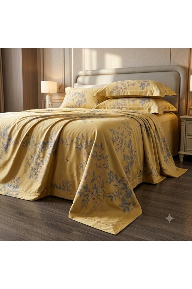 Luxury 3-Piece Turkish Satin Cotton Bedsheet Set – King Size | Ultra Soft, Breathable & Wrinkle-Resistant | Elegant Collection Bedding with 2 Pillowcases (Mustard Yellow Floral, King (U.K. Standard))
