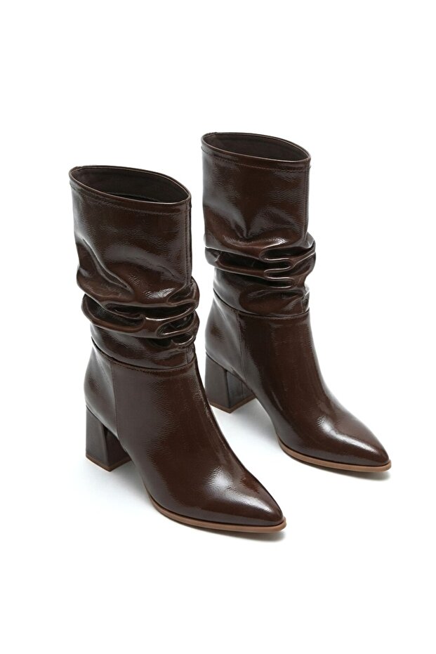 Zrne-C05 Exclusive Brown Patent Leather Thick Heeled Bellows Boots 6 cm