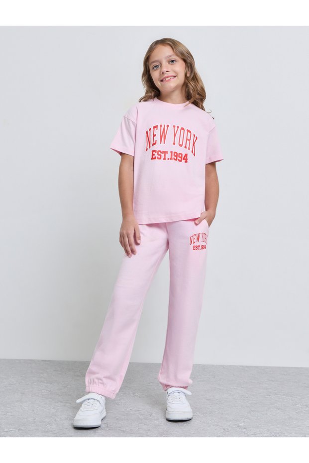 Girls Pink New York Graphic T-Shirt and Joggers Set