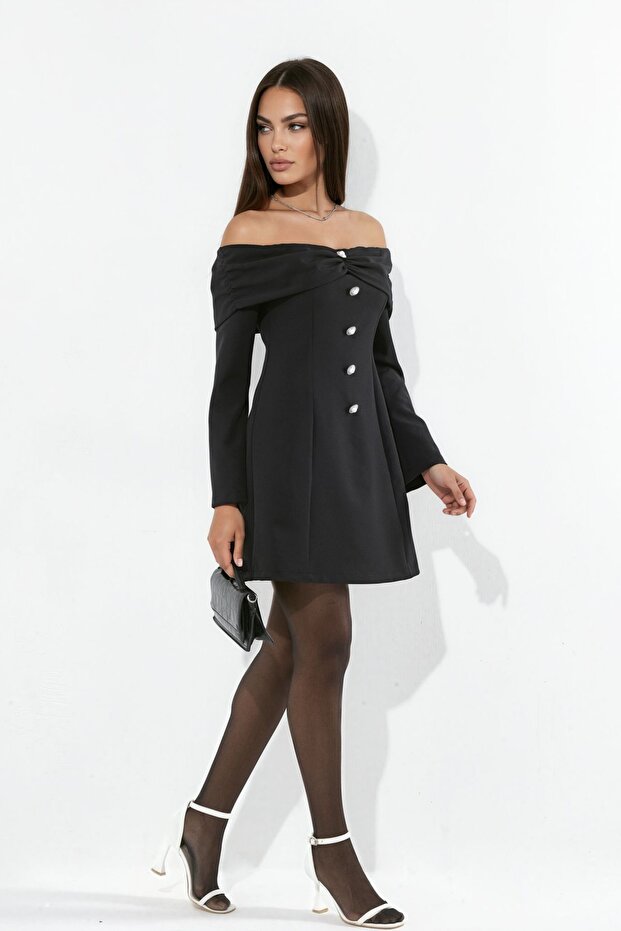 Pearl Button Detailed Off-Shoulder Flare Mini Dress