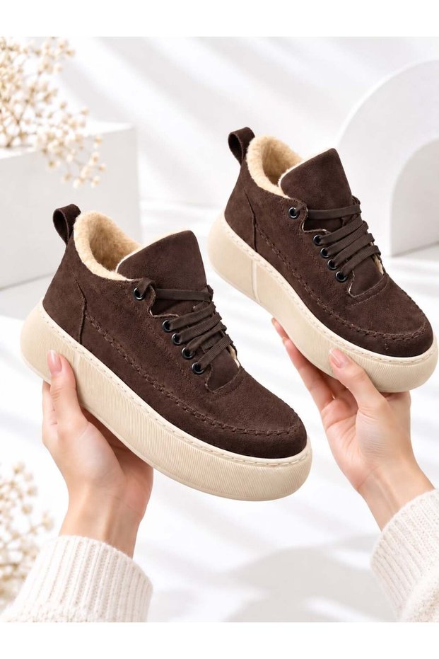 Nolen Women's Bitter Brown Lace-Up Luxury Suede Fur Inside 4 cm Thick Sole Sneaker Sports Shoes
