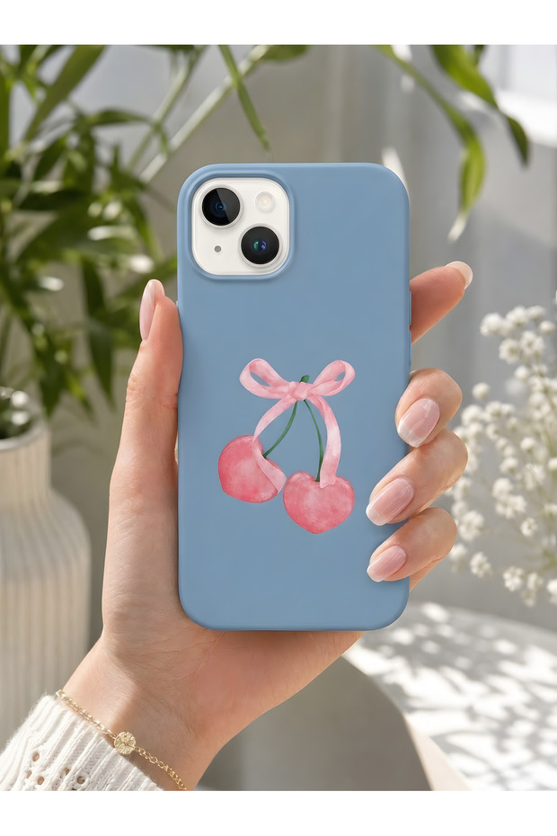 iPhone 15 Plus Compatible Launch Silicone Soft Pink Cherry Themed Shock Absorbing Case Blue