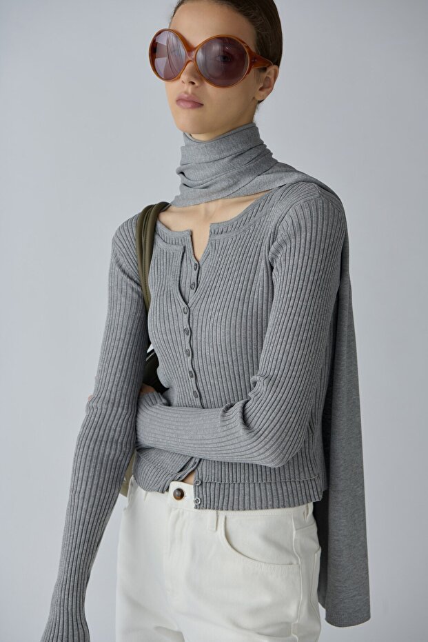 Gray Double Layer Ribbed Knit Cardigan