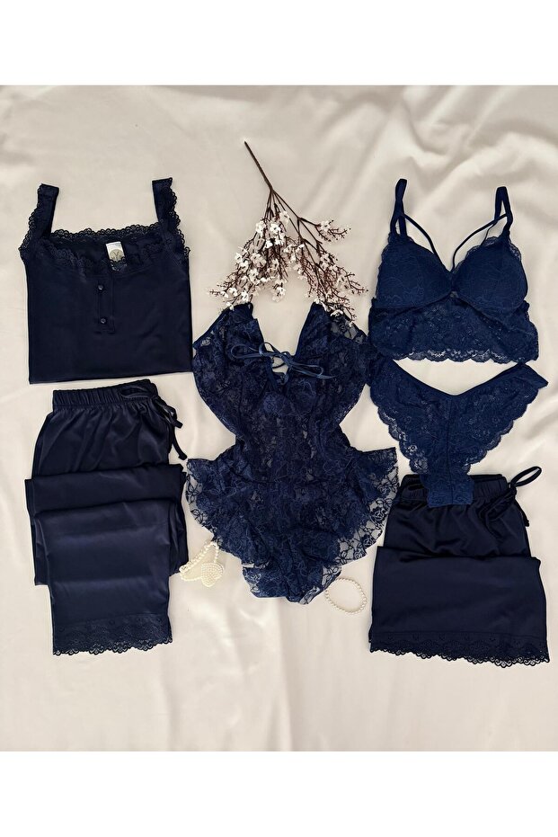 Boxed 7-Piece Navy Blue Nero Combed Cotton Pajama Set Underwear Dowry Set