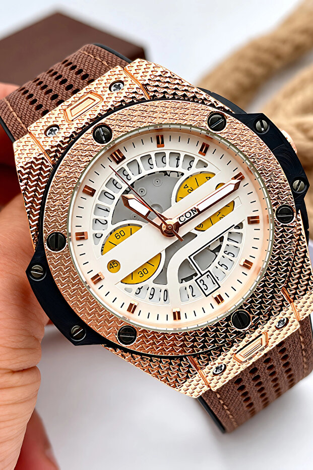 Men's Wristwatch Leather Cord Steel Case Coffee-Rose Gold with Bracelet Gift Sdcms1109