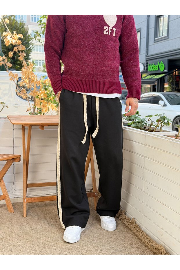 Side Straw Stripe Patterned Baggy Fit Tracksuit Black 5135