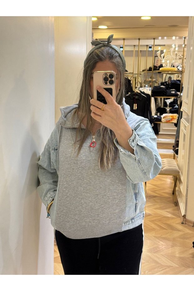 Gray Hooded Denim Detailed Sweat