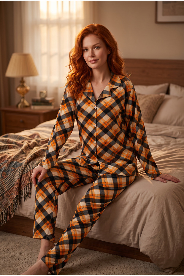 Women's Report Milan Patterned Long Sleeve Shirt Collar Front Buttoned Bottom Top Pajama Set