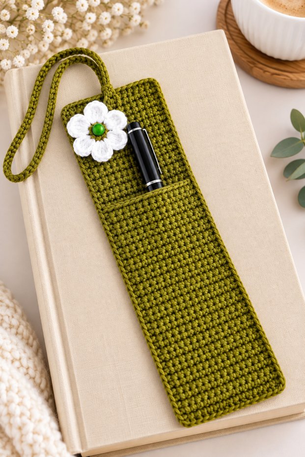 Bookmark with Pen Holder, Floral Detailed Olive Green Knitted Bookmark, Gift for Book Lovers