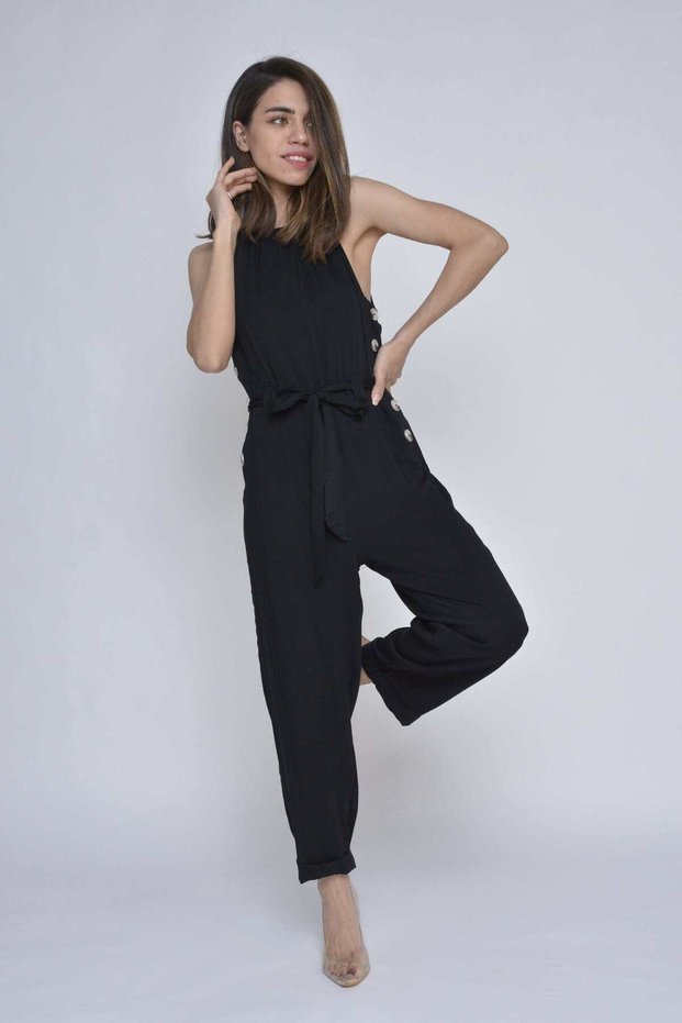 Solid Long-Sleeve Jumpsuit with Belt