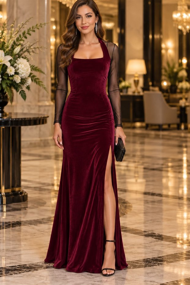 Women's Long Sleeve Square Neck Tulle Detailed Slit Long Velvet Evening Dress