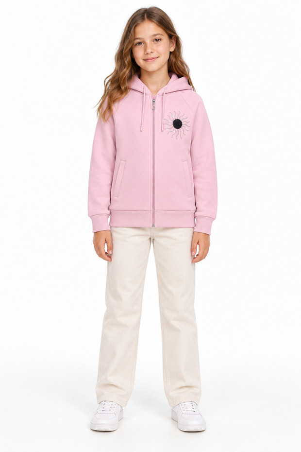 39210-26 Girl's 3-Threaded Hooded Zippered Stone Sun Patterned Sweatshirt 9–12 Years