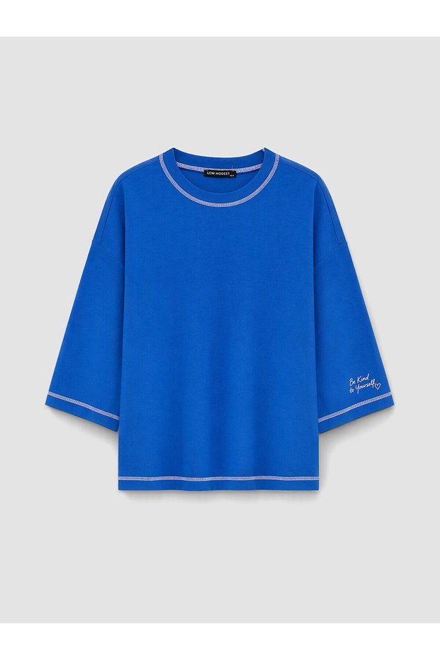 Two Mt Shop Quality Lcw Modest Blue Combed Cotton Embroidered Oversize Three-Quarter Sleeve Women's T-Shirt
