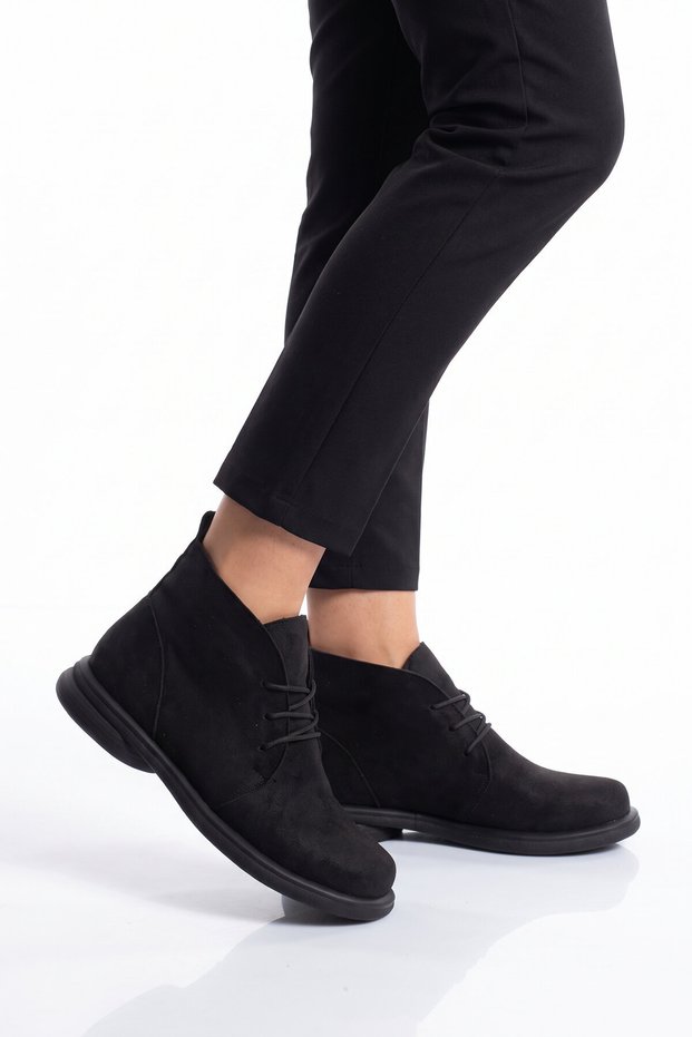 Black Suede Lace-Up Rubber Sole Stylish Comfortable Women's Boots 552261
