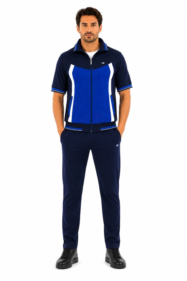 Men's Micropoly Fabric Short Sleeve Tracksuit Set Navy Blue 919-L