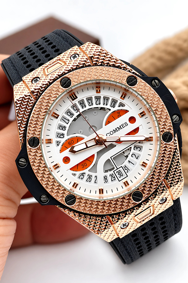 Men's Wristwatch Leather Cord Steel Case Black-Rose Gold with Bracelet Gift Sdcms1109