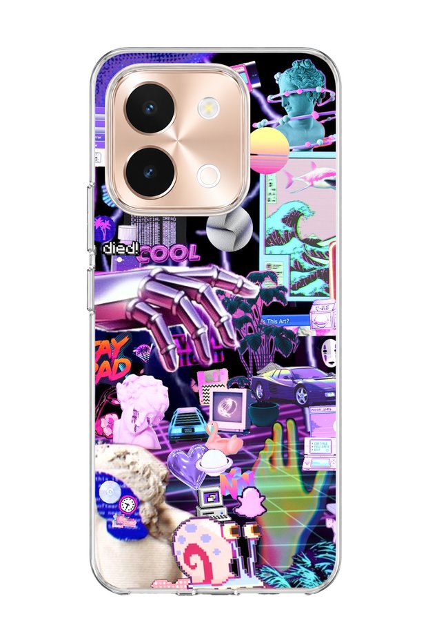 Vivo Y28 Compatible Neon Purple Collage Printed Transparent Phone Case