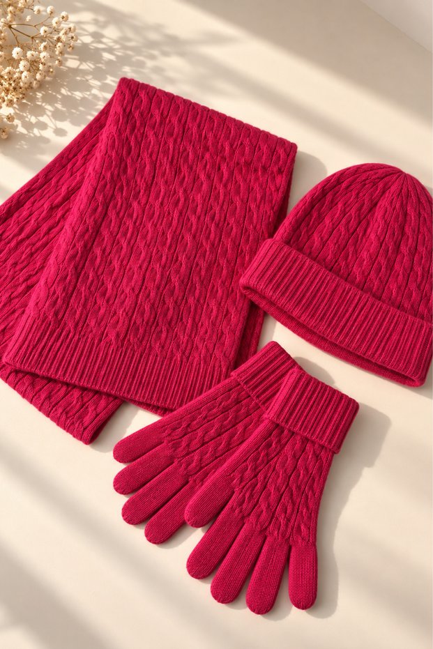 Women's Knitted Scarf, Beanie, Gloves 3-Piece Winter Accessory Set