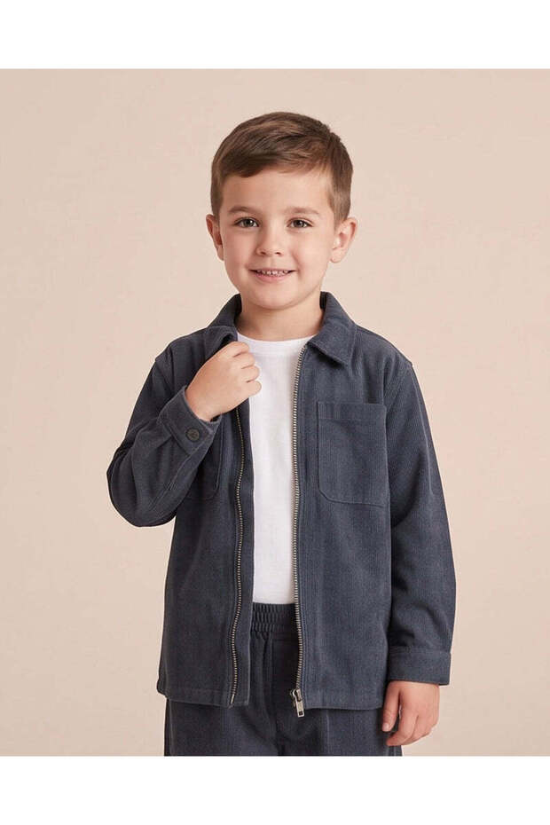 Boys Grey Corduroy Zip-Up Shirt