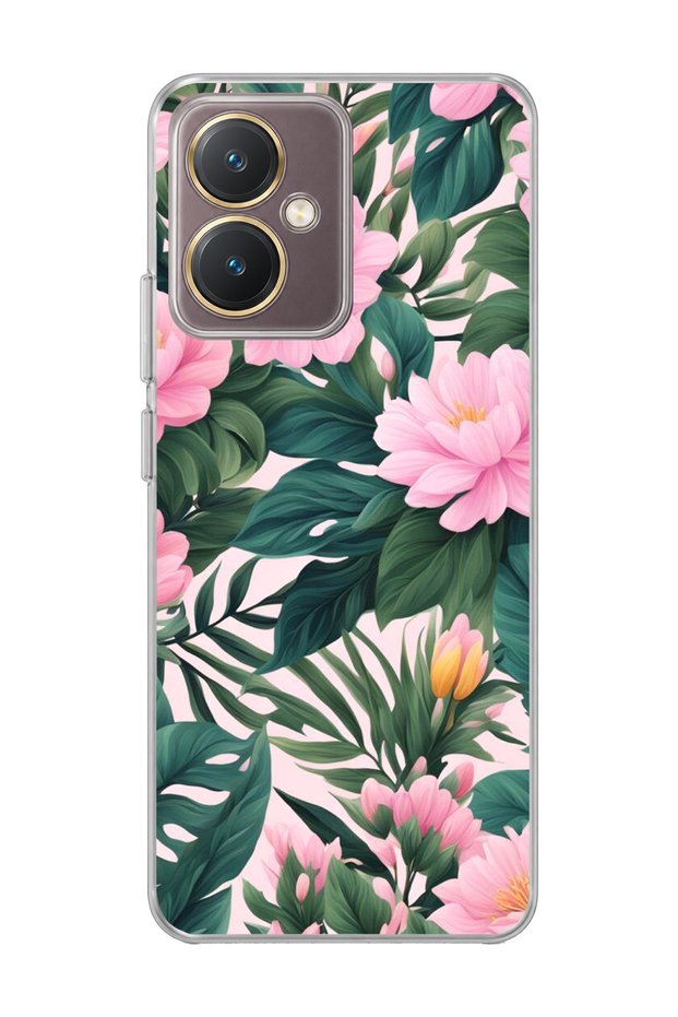 Vivo Y27 Compatible Pink Flower Green Leaf Printed Transparent Phone Case