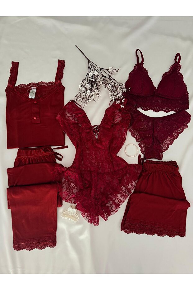 Boxed 7-Piece Burgundy X Combed Cotton Pajama Set Underwear Dowry Set