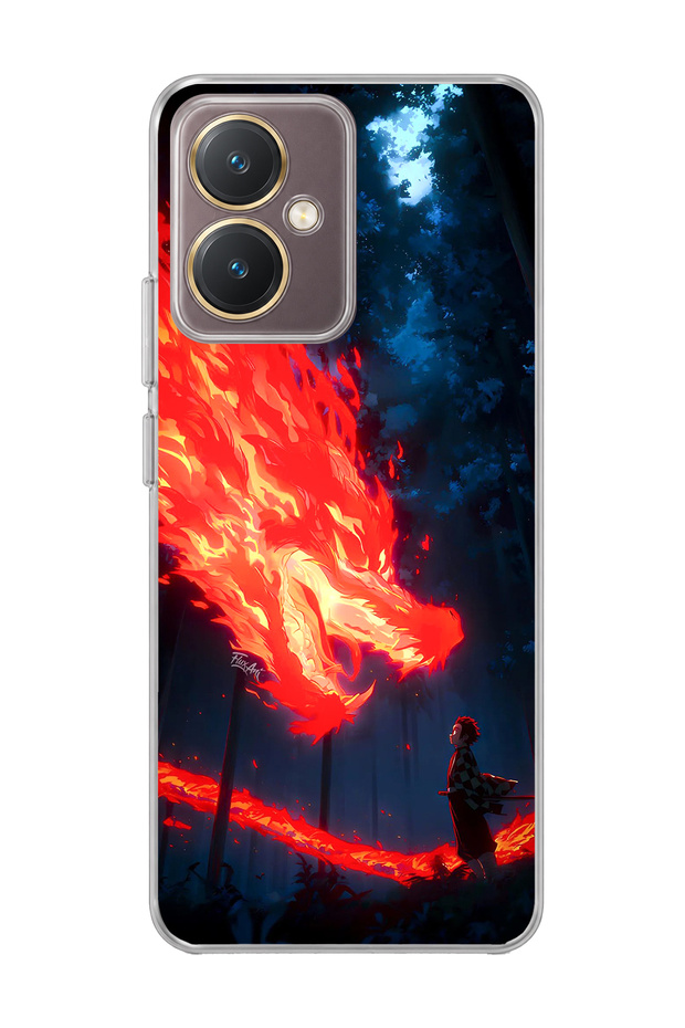 Vivo Y27 Compatible Fire Dragon Forest Printed Transparent Phone Case