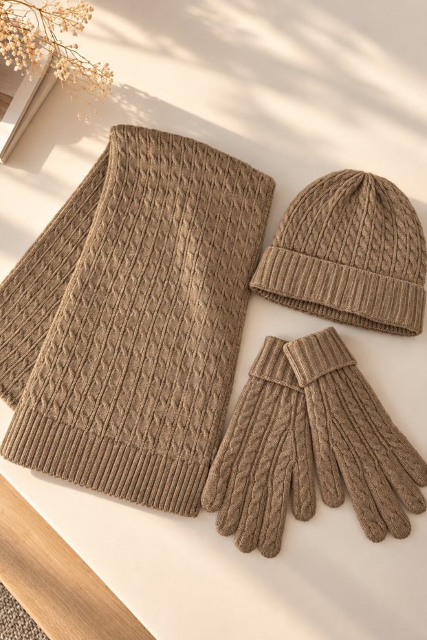 Women's Knitted Scarf, Beanie, Gloves 3-Piece Winter Accessory Set