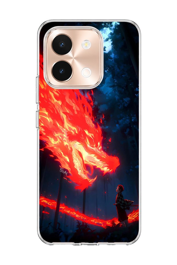 Vivo Y28 Compatible Fire Dragon Forest Printed Transparent Phone Case