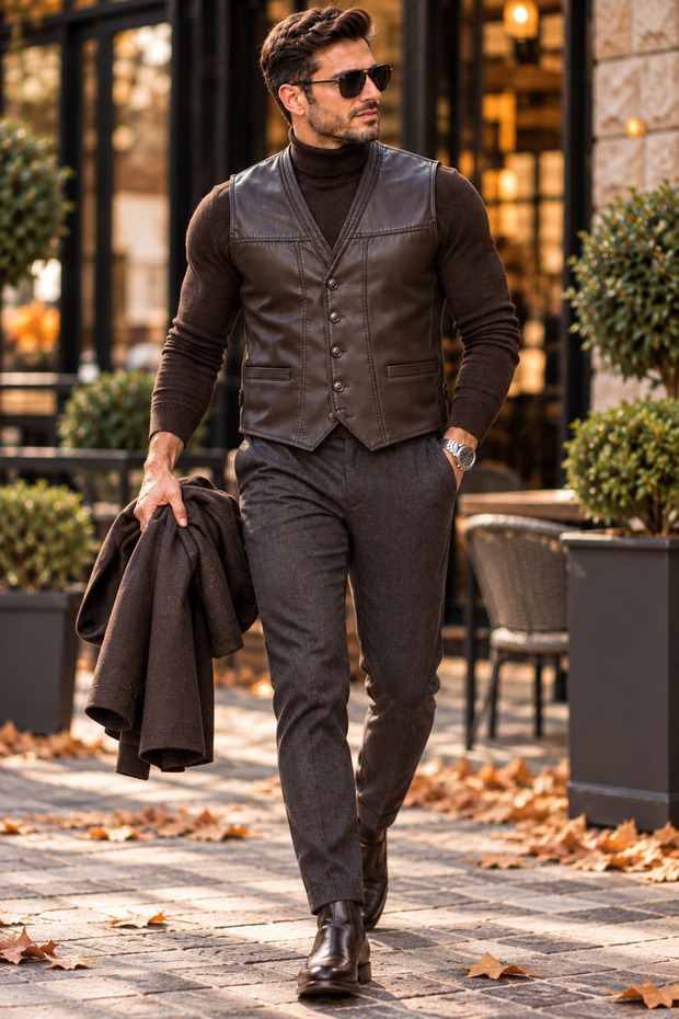 100% Lambskin Men's Leather Vest Brown Modern Fit Stylish Autumn Vest