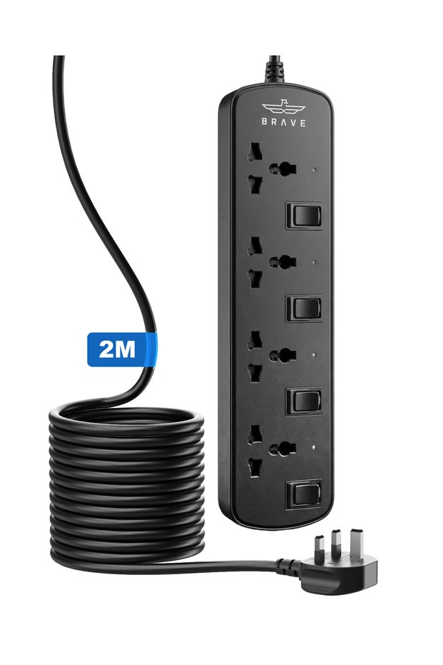 BPS-04 4-Way Universal Power Strip 3250W 13A, 2M Heavy-Duty Extension Cord, Individual Switches, Child Safety, ESMA Certified - Black