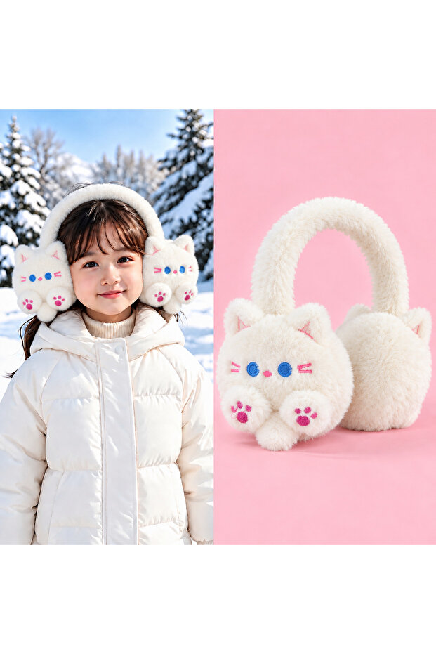 Cute Cat Ear Paw Hello Kitty Patterned White Young Girls' Plush Earmuff Cat Furry Bowknot Winter Ear Warmer Hat Cold-Proof
