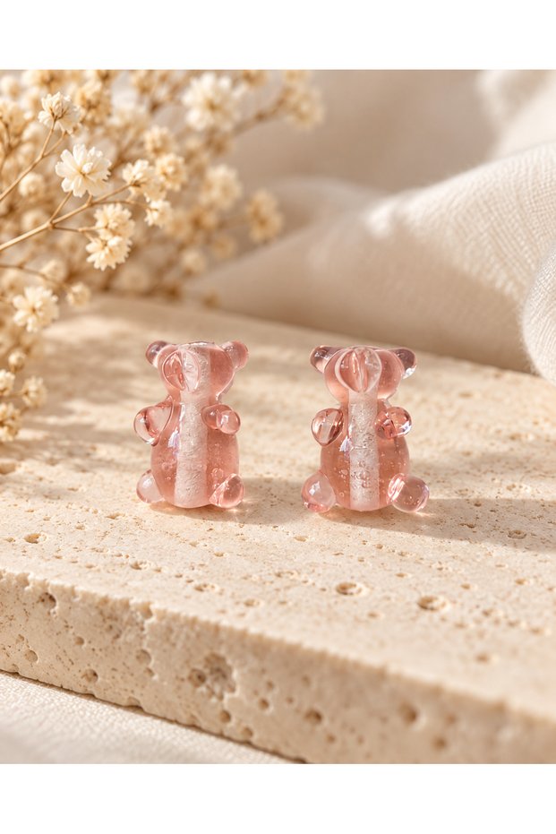Handmade Murano Glass Jellyfish Pink Teddy Bear Beads (2 Pieces)