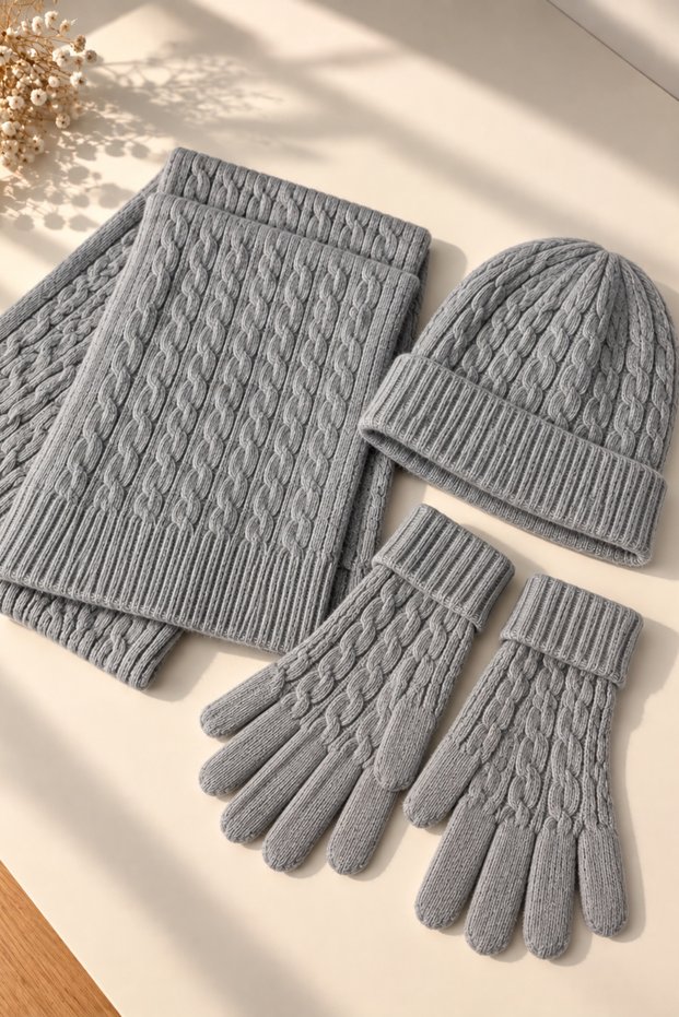 Women's Knitted Scarf, Beanie, Gloves 3-Piece Winter Accessory Set
